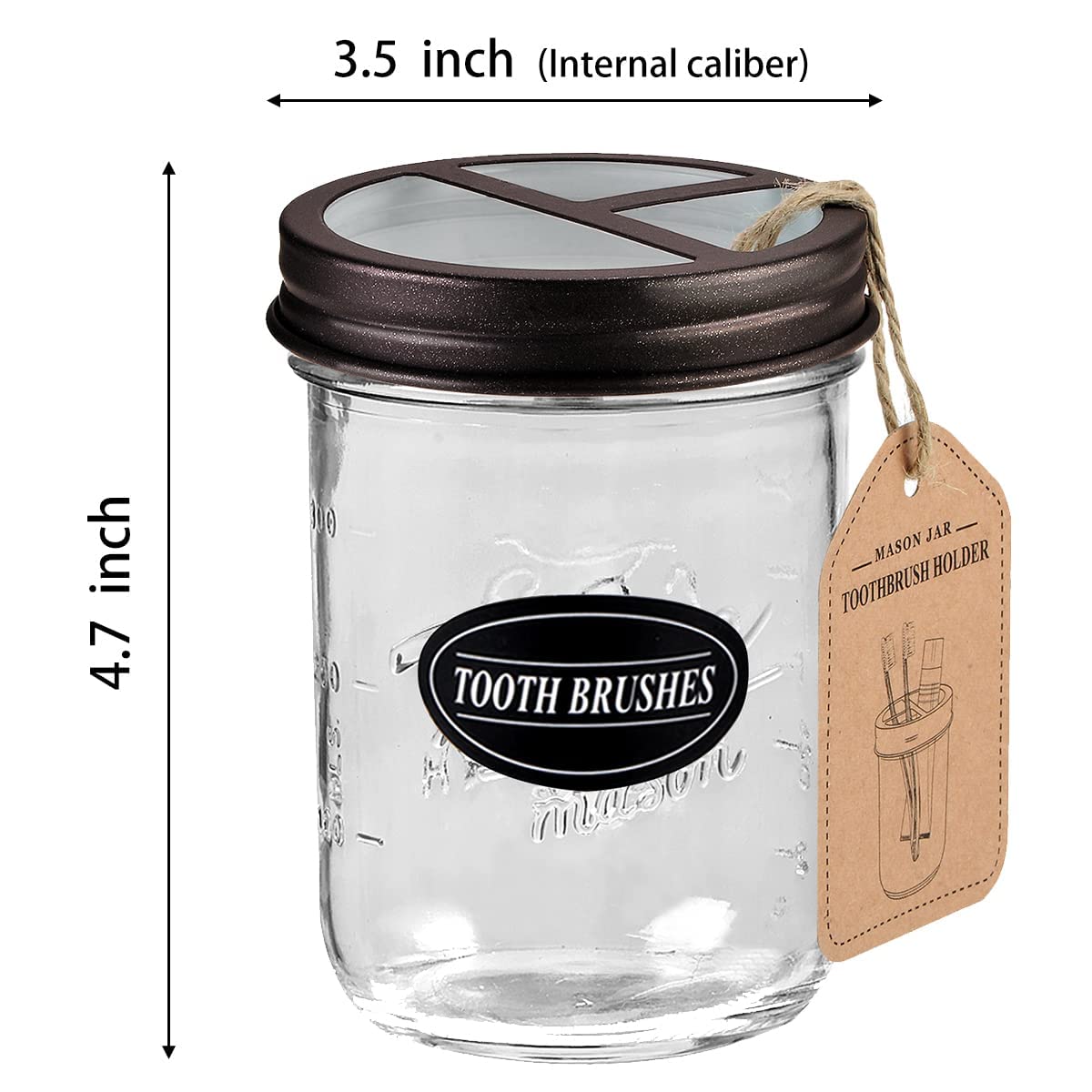 Komashr Mason Jar Toothbrush Holder -Bronze - With 16 Ounce Mason Jar,Premium Rustproof 304 Stainless Steel Lid And Chalkboard L